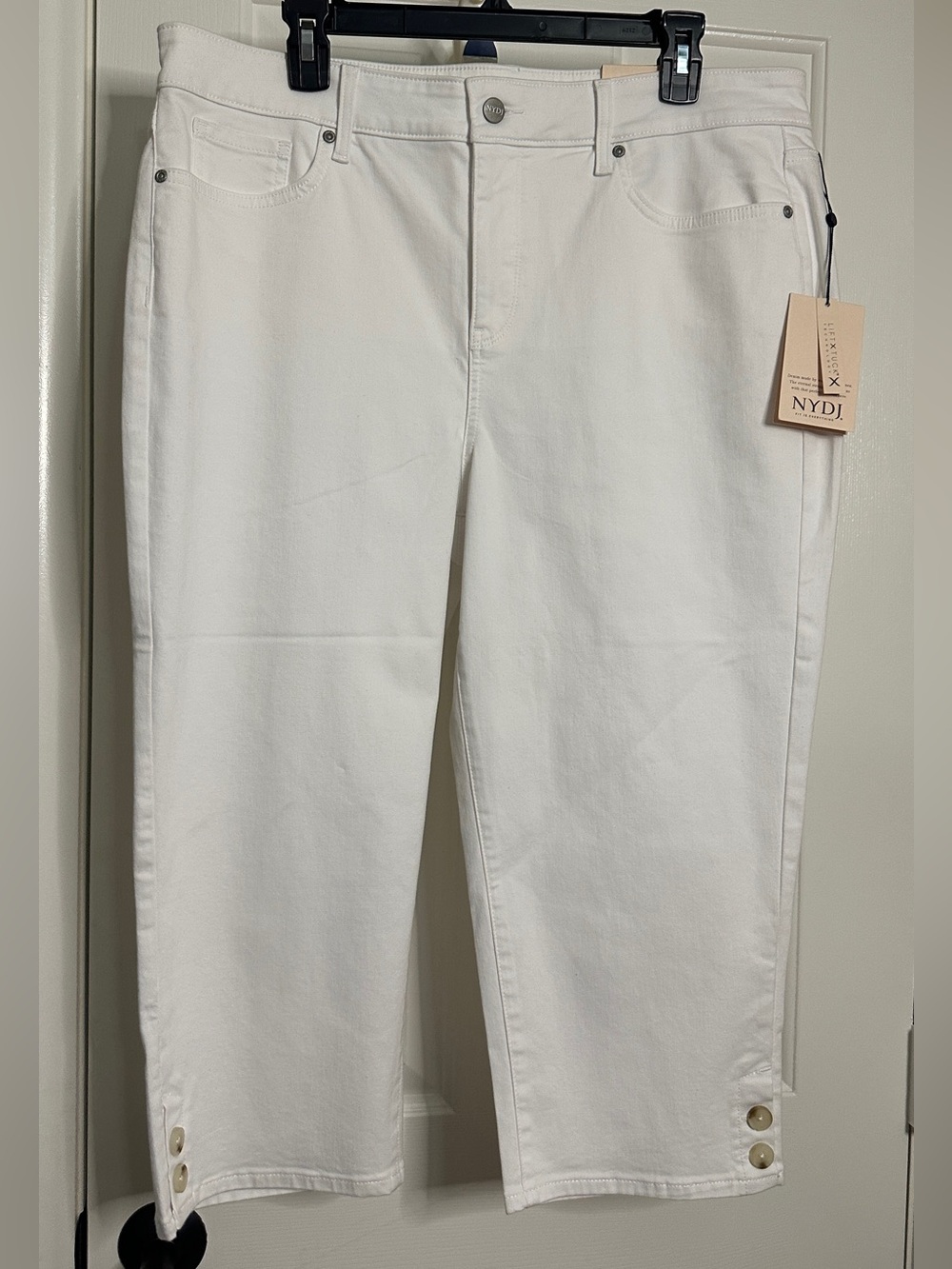 NYDJ White Ankle Crop Jeans with Hem Button Detail
